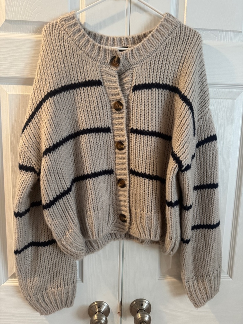 Cozy Beige/Gray and Navy Striped Button-Front Sweater